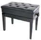 panca per pianoforte regolabile in altezza finitura nera lucida con seduta liscia in sky con cassetto porta spartiti